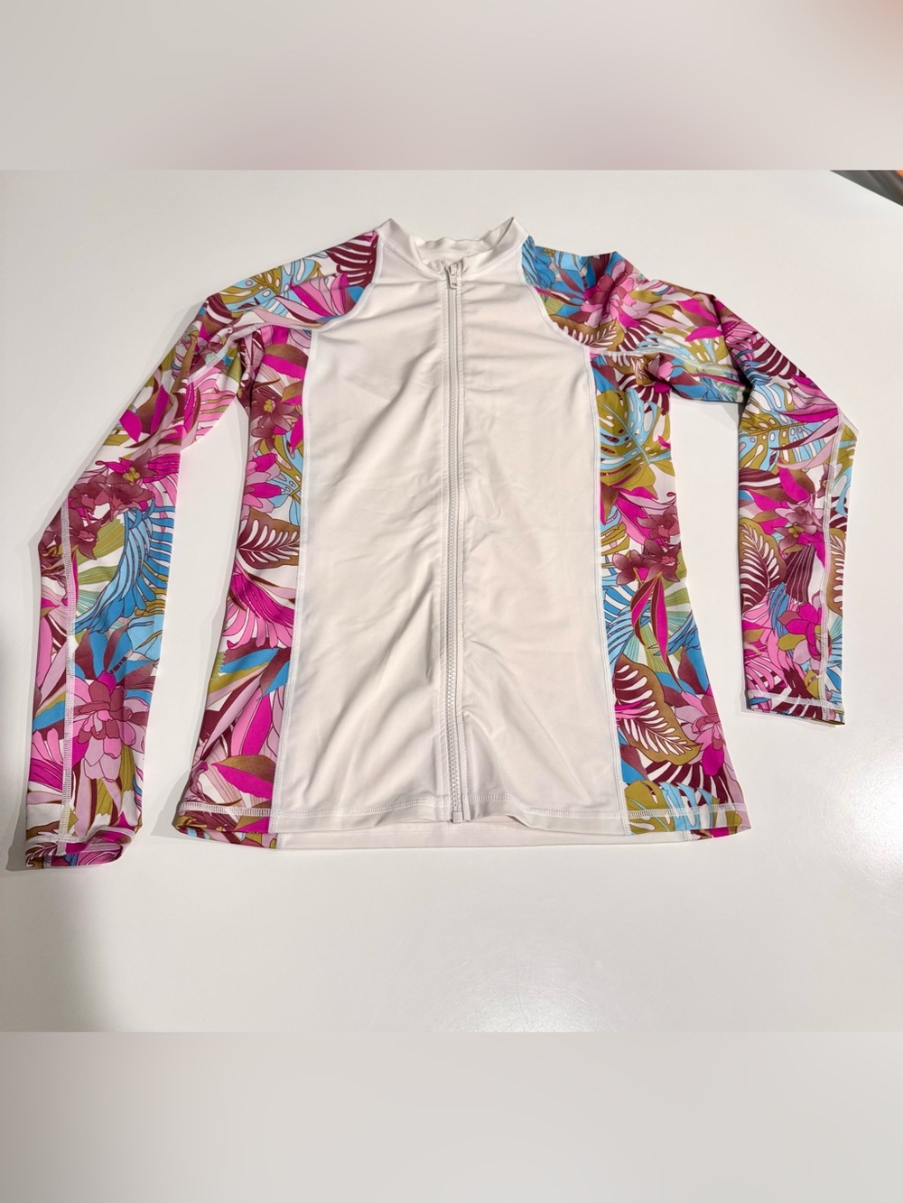 Hurley White Zip-Front Women's Long-Sleeve Rash Guard, Floral, UPF 50+ Size M